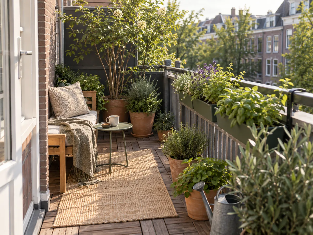 AI-conceptbeeld van een klein balkon met kruiden, potbeplanting en compacte zitplek