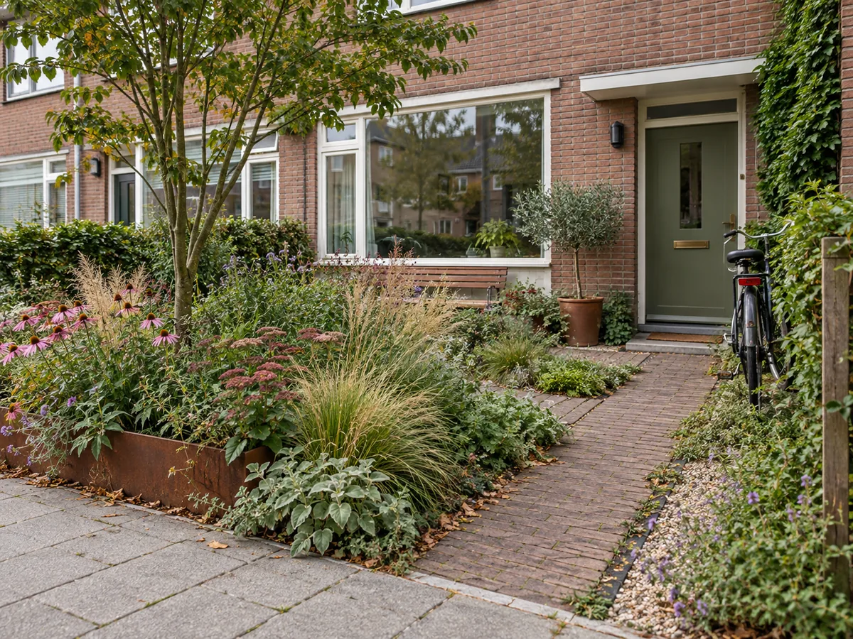 AI-conceptbeeld van een groene voortuin bij een Arnhemse rijwoning