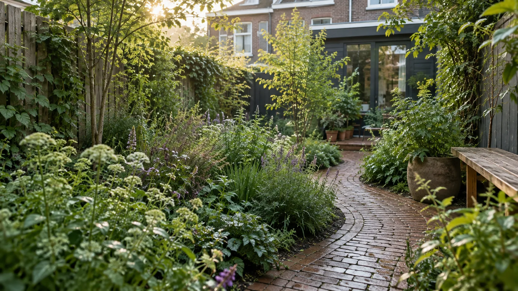 Sfeervol voorbeeld van een groene, compacte stadstuin met een slingerend klinkerpad